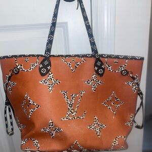 Louis Vuitton Orange and black leopard print tote neverfull bag
